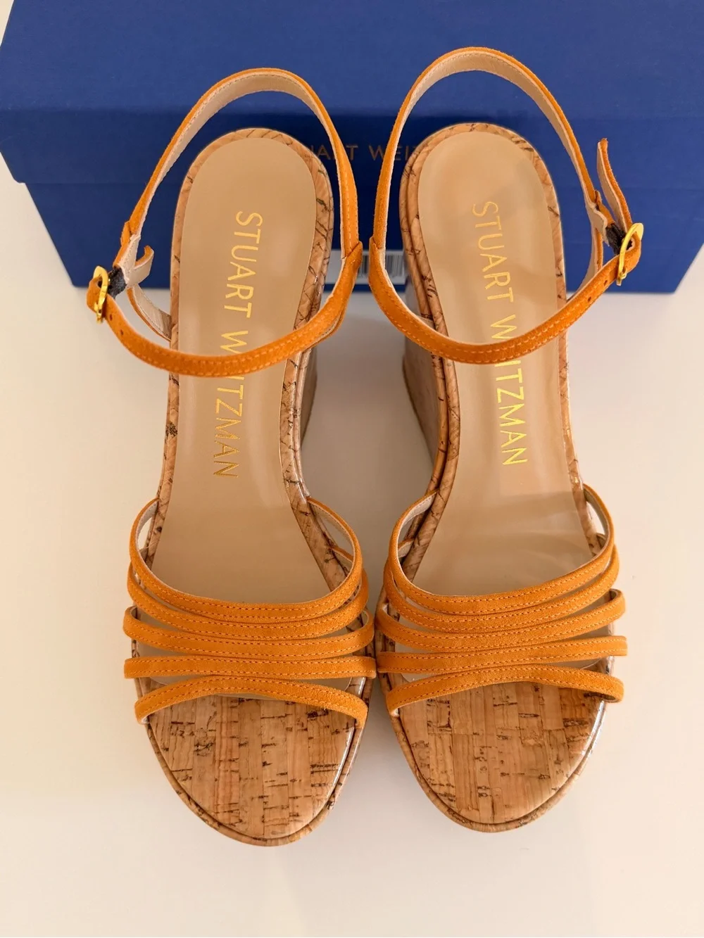 Stuart Weitzman Soiree Orange Suede Cork Wedge Sandals